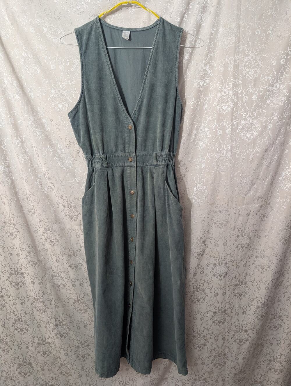 Vintage Lands End Corduroy Jumper Dress 8 Blue Green Pinafore Pockets